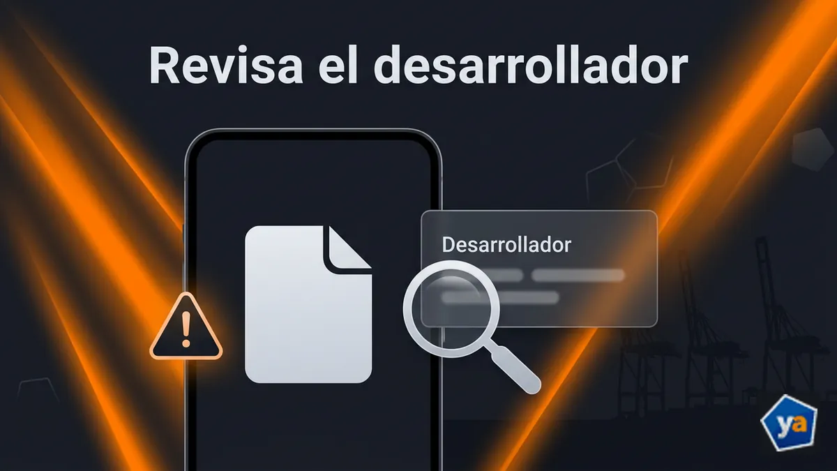 Advertencia visual sobre verificar el desarrollador antes de instalar un APK de Yajuego de terceros