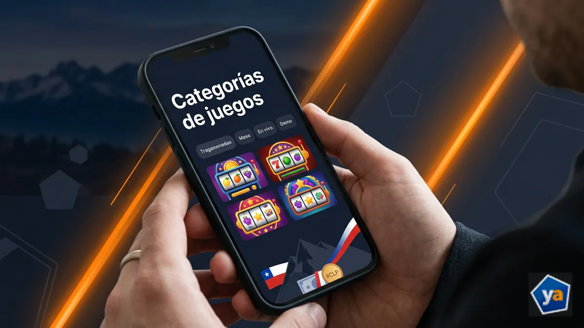 Pantalla de celular con categorías de tragamonedas, mesa, en vivo y modo demo en Yajuego